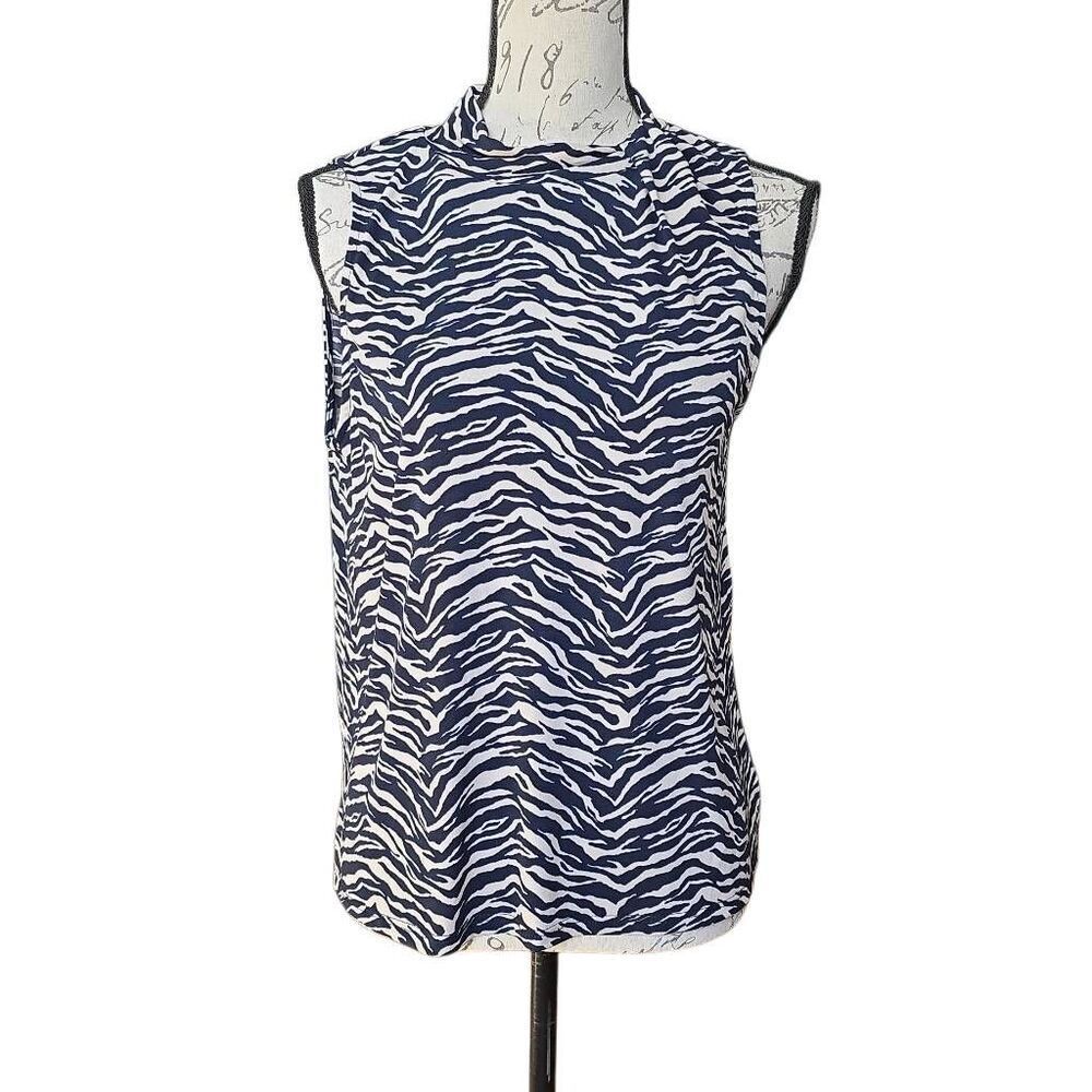 Beacon & Apparel Women's Size Large Navy Cream Tiger Stripe Sleeveless Blouse